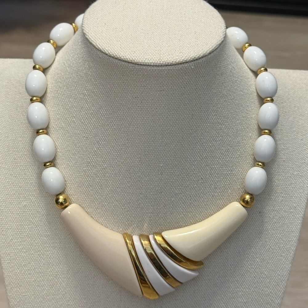Vintage 80’s White Beaded Statement Necklace - Gold Accents